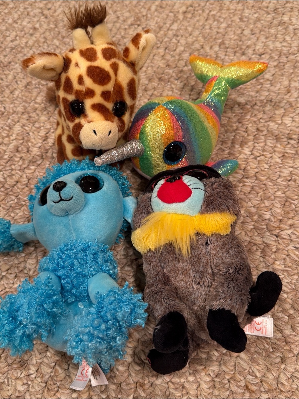 Beanie Boo Bundle - Giraffe, Rainbow Narwhal, Blue Poodle, Monkey